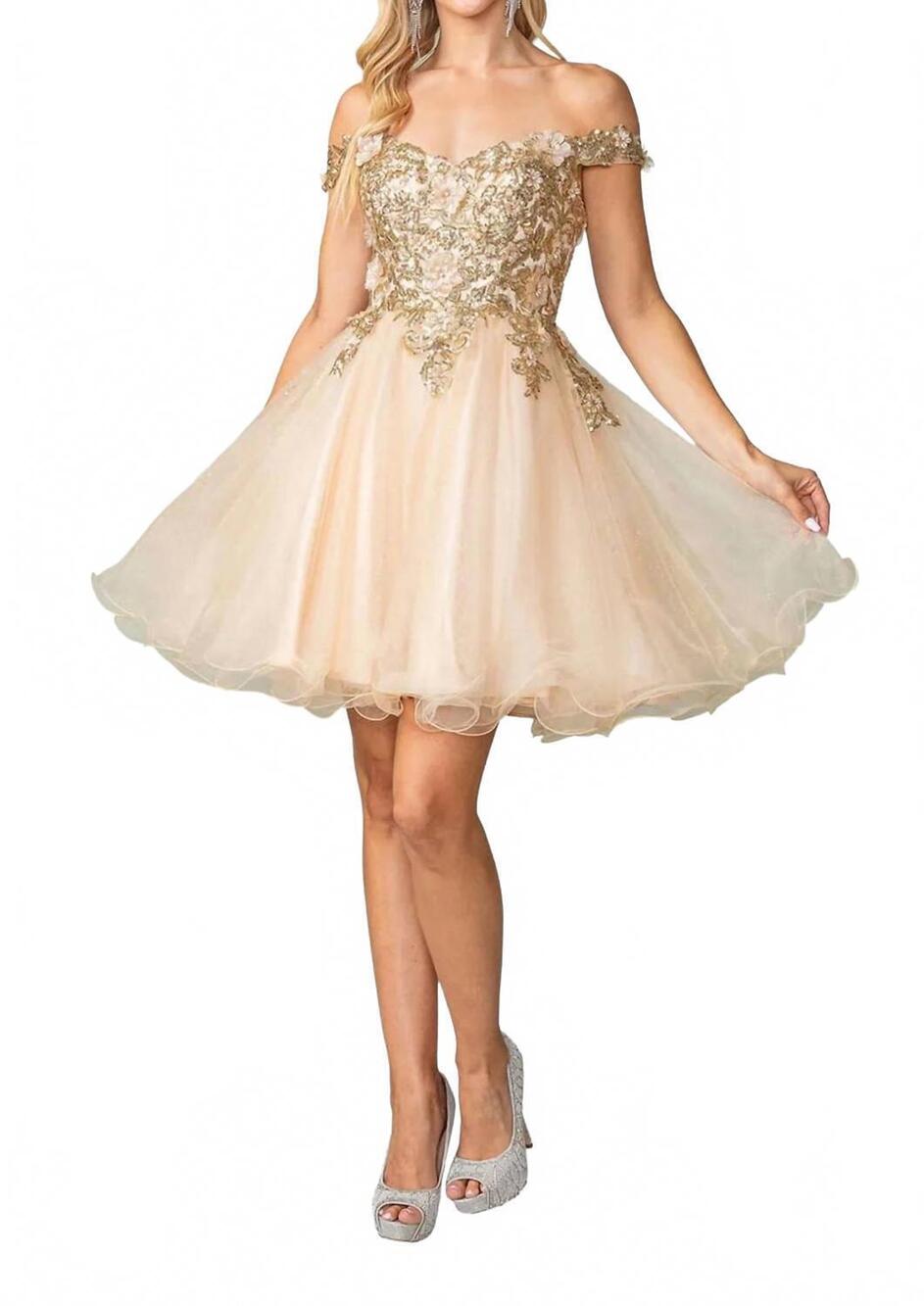NEW DANCING QUEEN gilded bodice cocktail dress in champagene